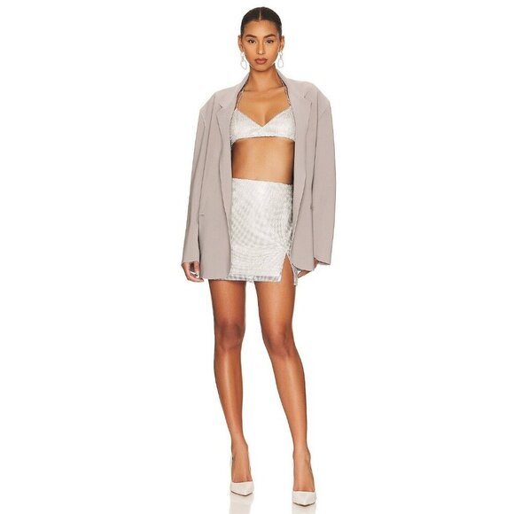 LAMARQUE Pati Rhinestone Mini Skirt in Silver XSmall New Womens Faux Leather - Picture 1 of 12